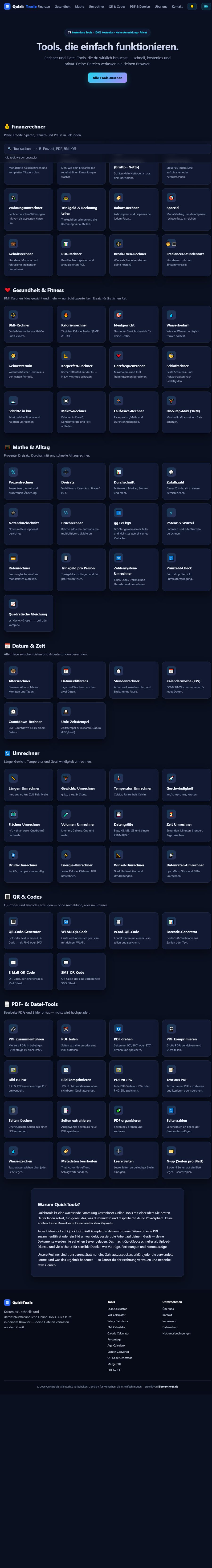 Vollständige Vorschau der quick-toolz.com Startseite mit Tool-Übersicht